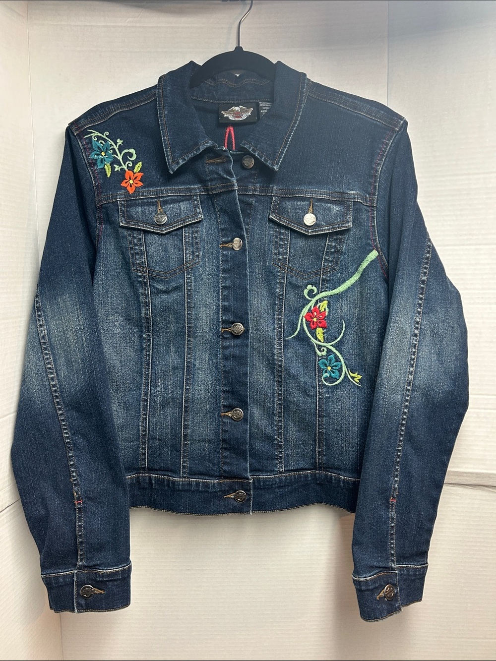 Harley Davidson Blue Jean Denim Jacket Embroidered Flowers & Bird Womens XL